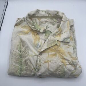 Tommy Bahama Shirt Mens Large Cream‎ Silk Floral Hawaiian Camp